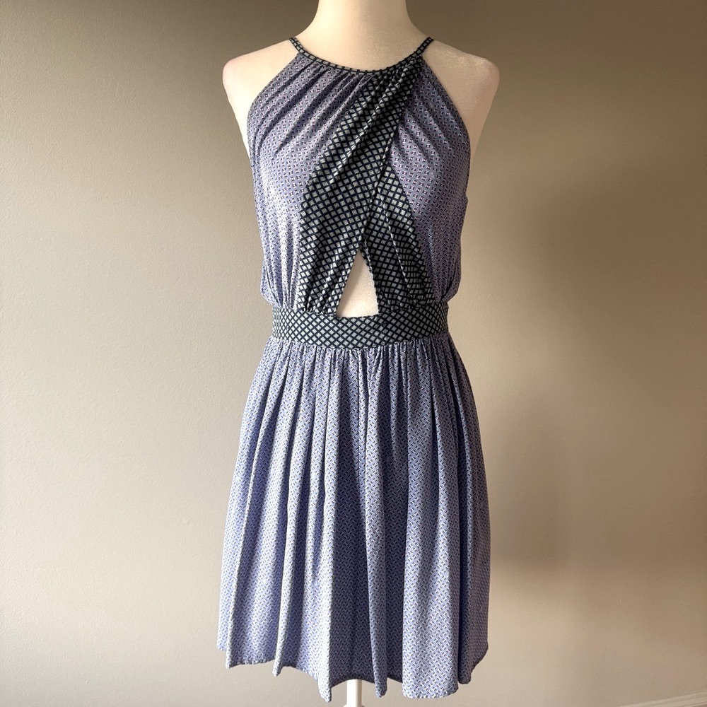 BCBGMaxAzria Blue Gray Cut Out Pleated Mini Dress